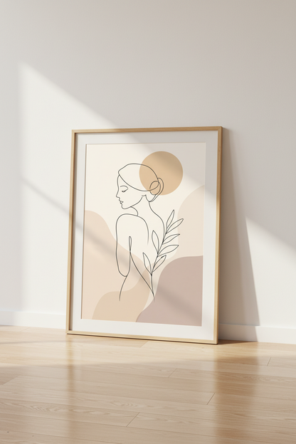 Minimalist Woman Line Art | Neutral Botanical Print, Bedroom Boho Poster