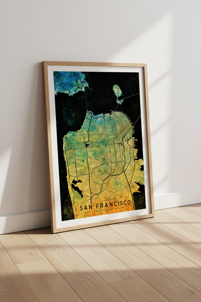 San Francisco Map Wall Art | Blue Gold Watercolor Poster | Office Travel Decor