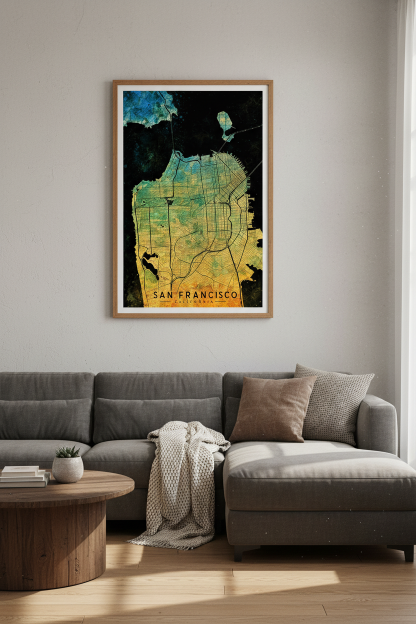 San Francisco Map Wall Art | Blue Gold Watercolor Poster | Office Travel Decor