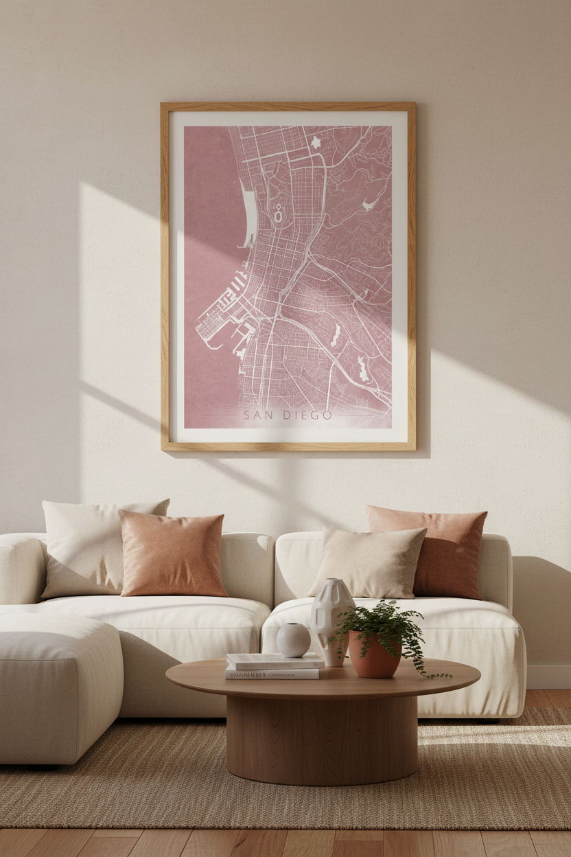 San Diego City Map Wall Art | Blush Pink Minimalist Poster, Bedroom Office Decor