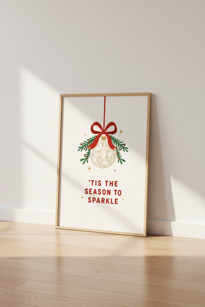 Disco Ball Christmas Decor | Retro Holiday Wall Art Print | Fun Festive Poster