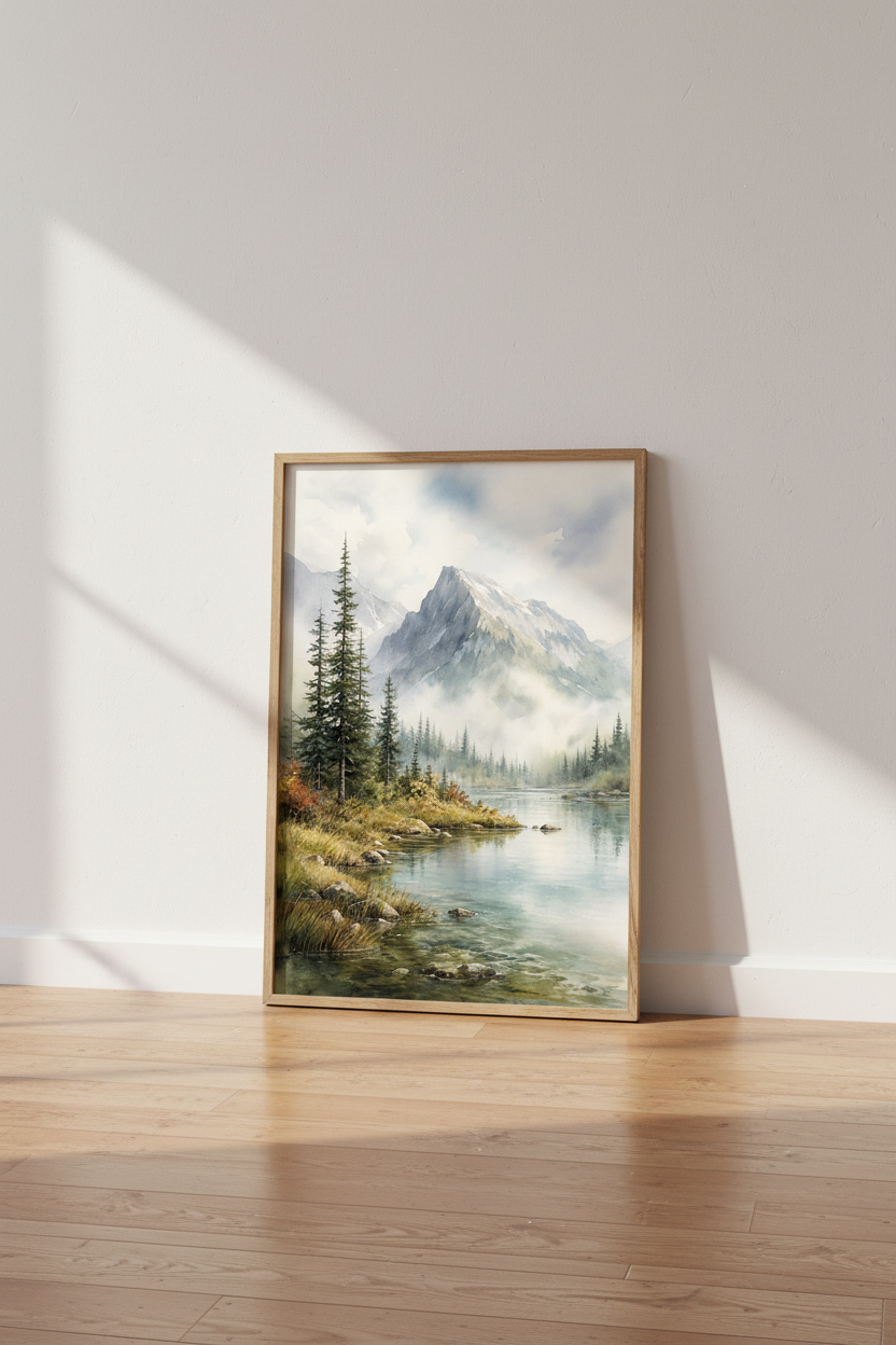 Mountain Lake Watercolor Print | Misty Landscape Wall Art, Nature Home Decor