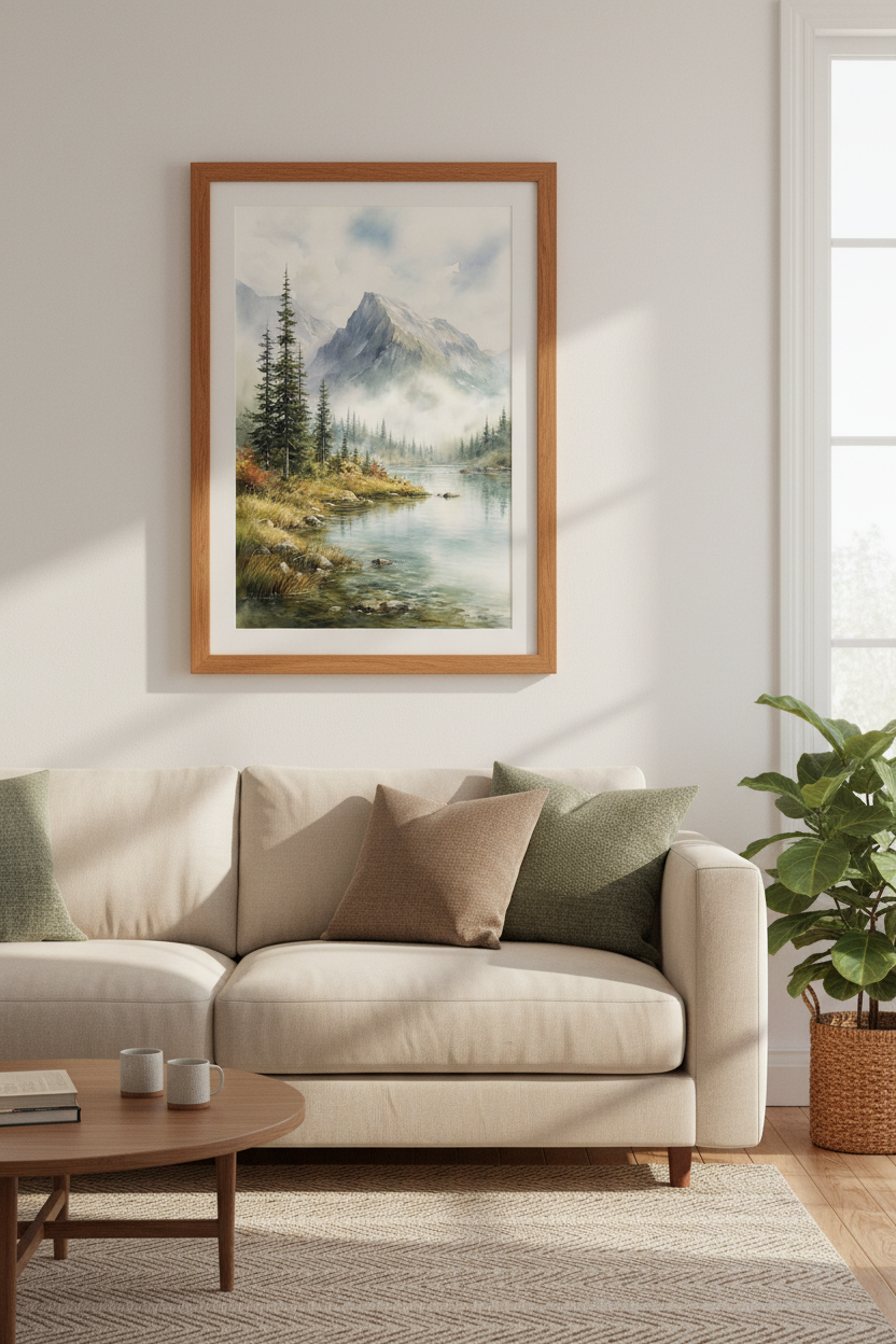Mountain Lake Watercolor Print | Misty Landscape Wall Art, Nature Home Decor