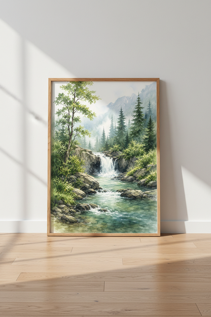 Mountain Waterfall Wall Art | Green Nature Watercolor, Forest Landscape Poster