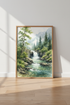 Mountain Waterfall Wall Art | Green Nature Watercolor, Forest Landscape Poster