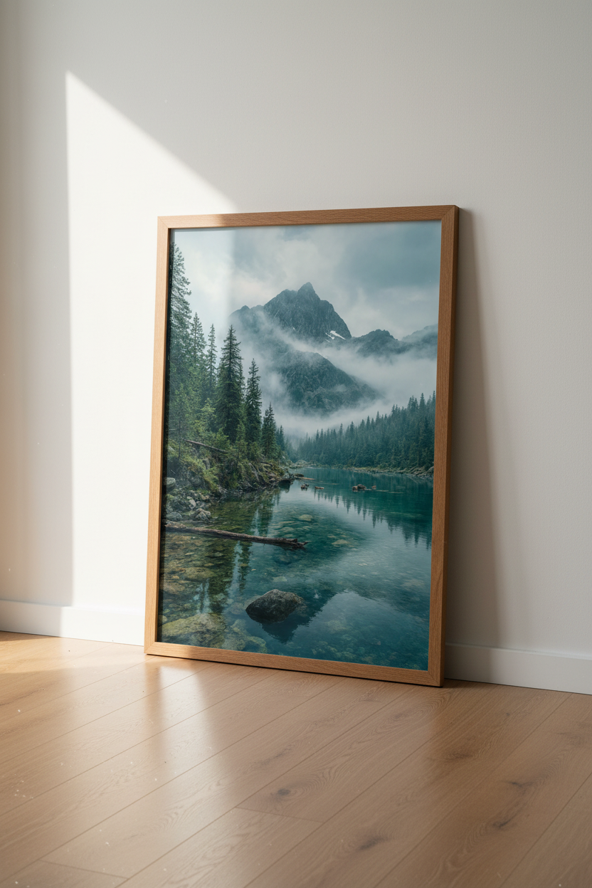 Misty Mountain Lake Wall Art | Moody Forest Landscape, Modern Pine Tree Decor