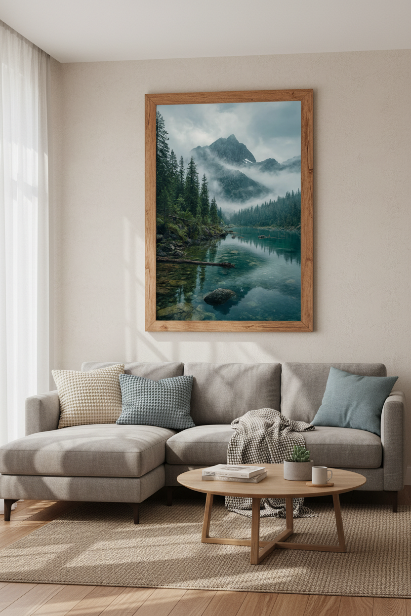 Misty Mountain Lake Wall Art | Moody Forest Landscape, Modern Pine Tree Decor
