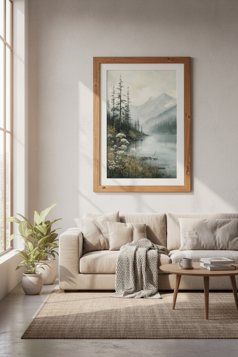 Mountain Lake Landscape | Muted Watercolor Nature Print, Living Room Wall Art