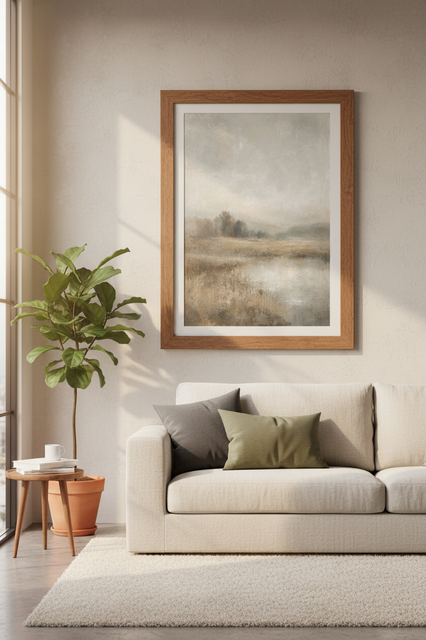 Misty Lake Landscape | Moody Neutral Abstract, Modern Farmhouse Wall Art