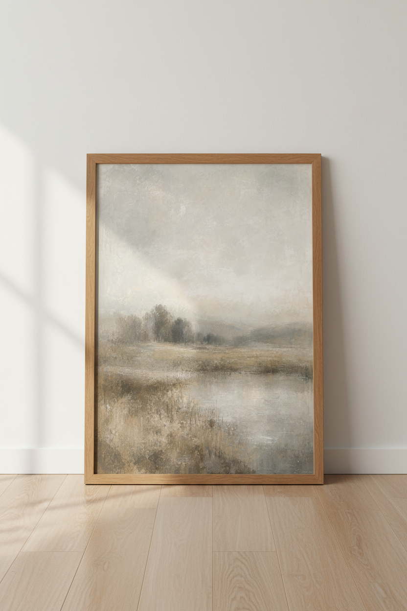 Misty Lake Landscape | Moody Neutral Abstract, Modern Farmhouse Wall Art