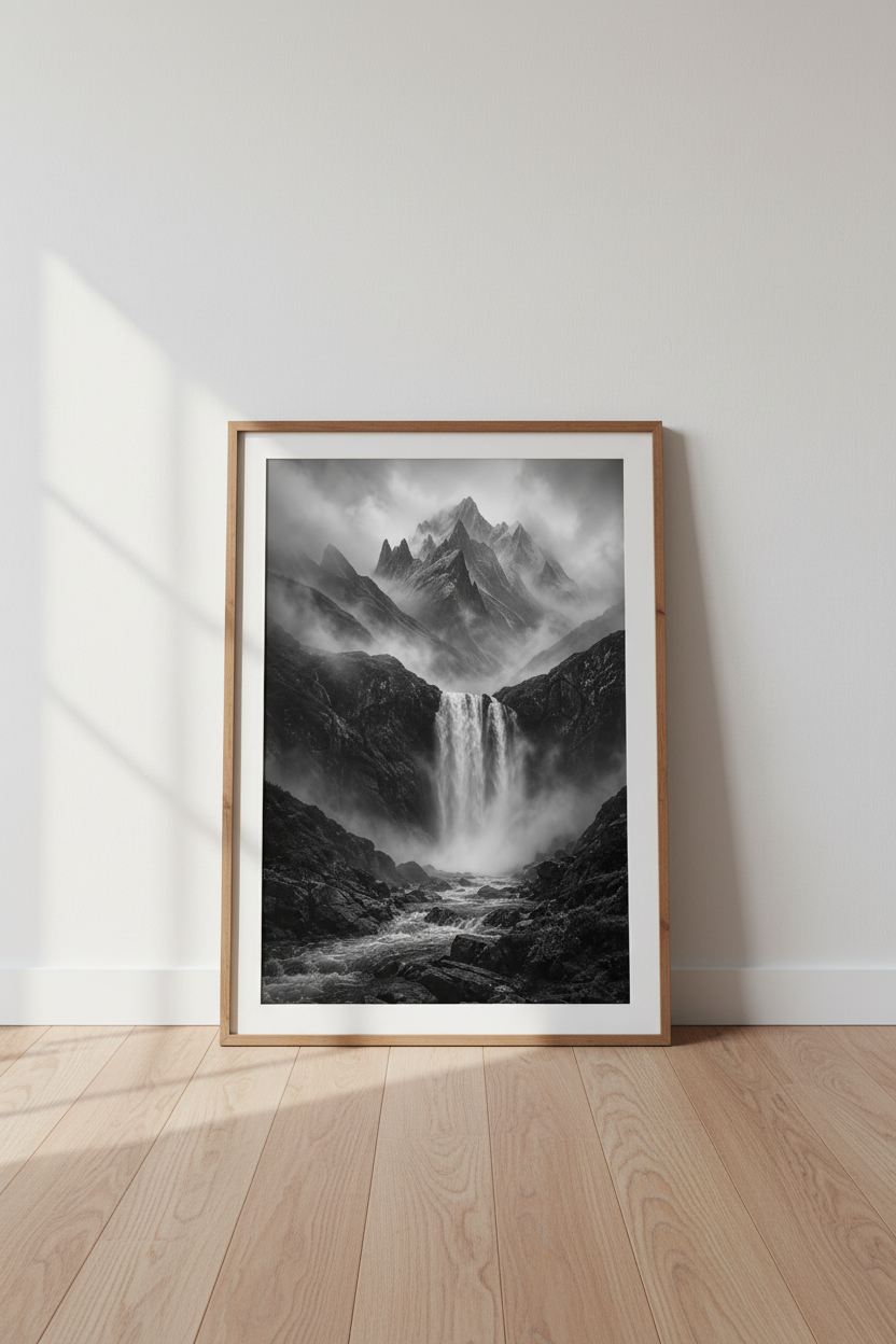 Dark Mountain Wall Art | Moody Waterfall Poster, Monochromatic Nature Print