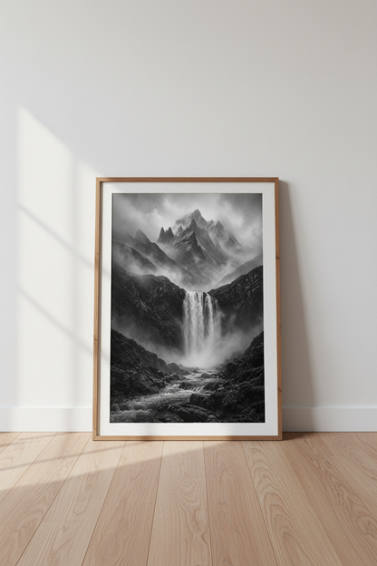 Dark Mountain Wall Art | Moody Waterfall Poster, Monochromatic Nature Print