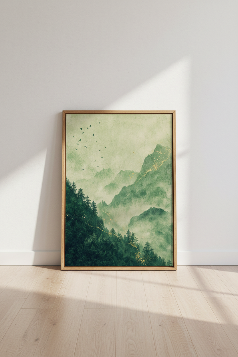 Green Mountain Forest Wall Art | Misty Landscape Gold Accent, Zen Nature Poster