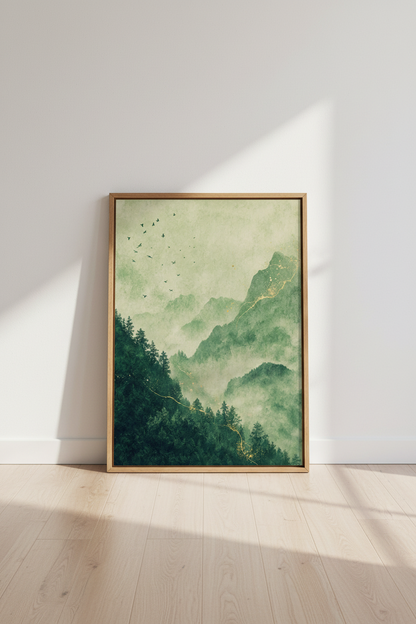 Green Mountain Forest Wall Art | Misty Landscape Gold Accent, Zen Nature Poster
