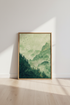 Green Mountain Forest Wall Art | Misty Landscape Gold Accent, Zen Nature Poster