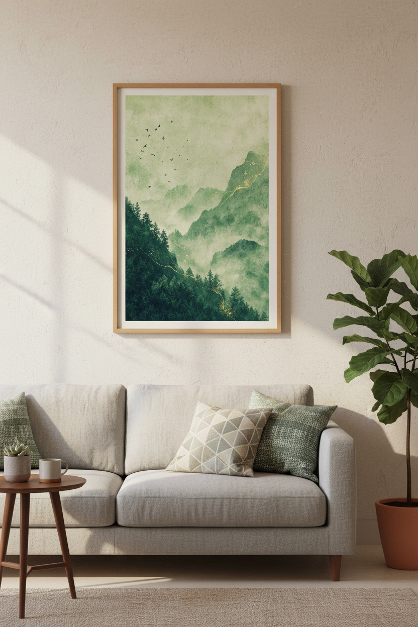 Green Mountain Forest Wall Art | Misty Landscape Gold Accent, Zen Nature Poster