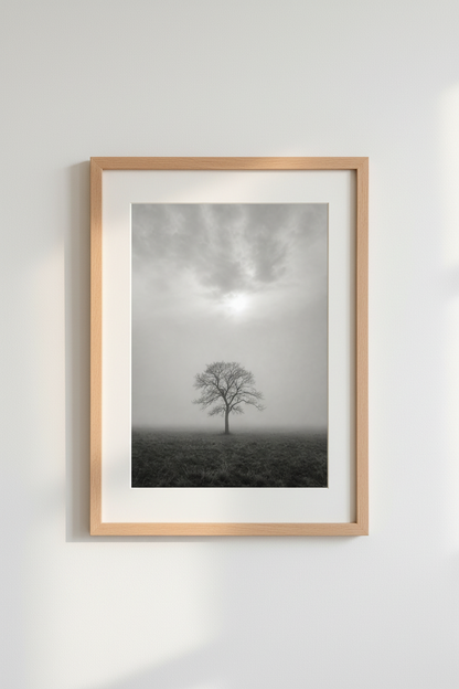 Misty Nature Wall Art | Minimalist Black and White Foggy Tree Poster, Zen Decor