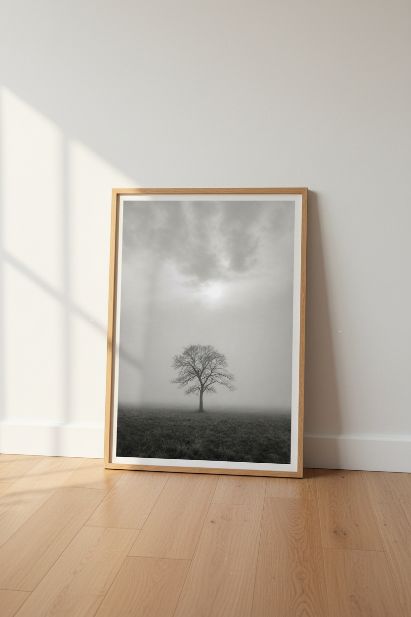 Misty Nature Wall Art | Minimalist Black and White Foggy Tree Poster, Zen Decor