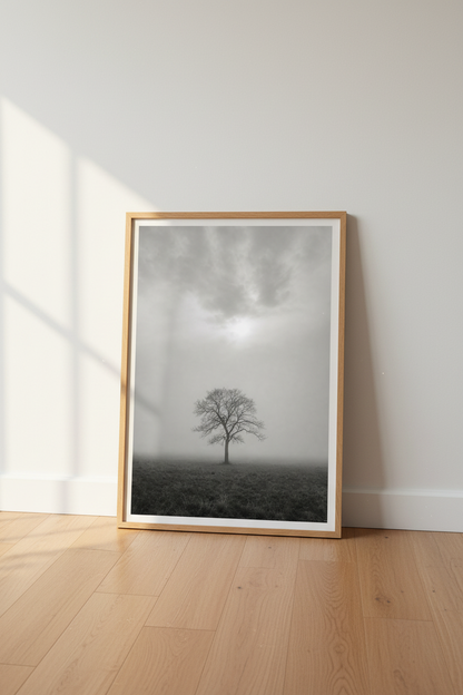 Misty Nature Wall Art | Minimalist Black and White Foggy Tree Poster, Zen Decor