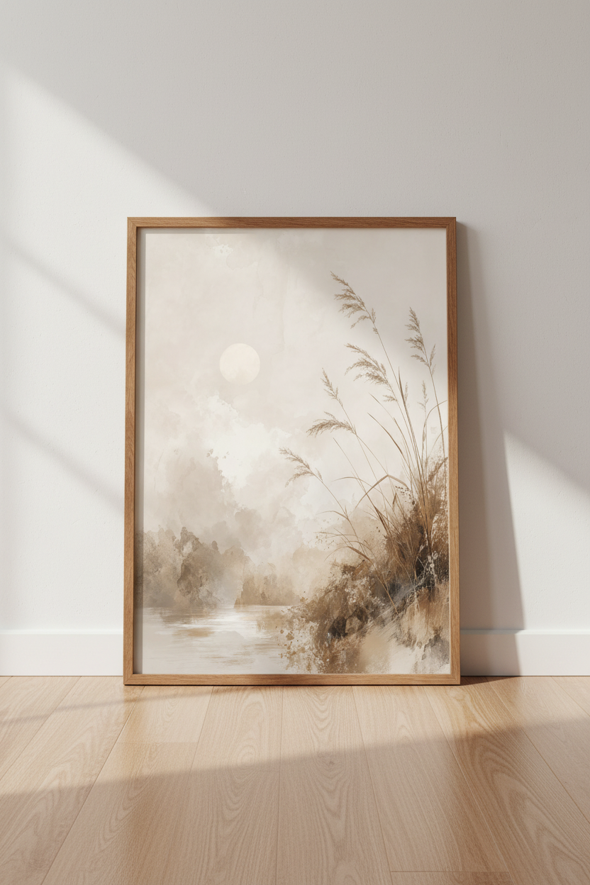 Pampas Grass Landscape | Neutral Beige Watercolor, Minimalist Bedroom Wall Art
