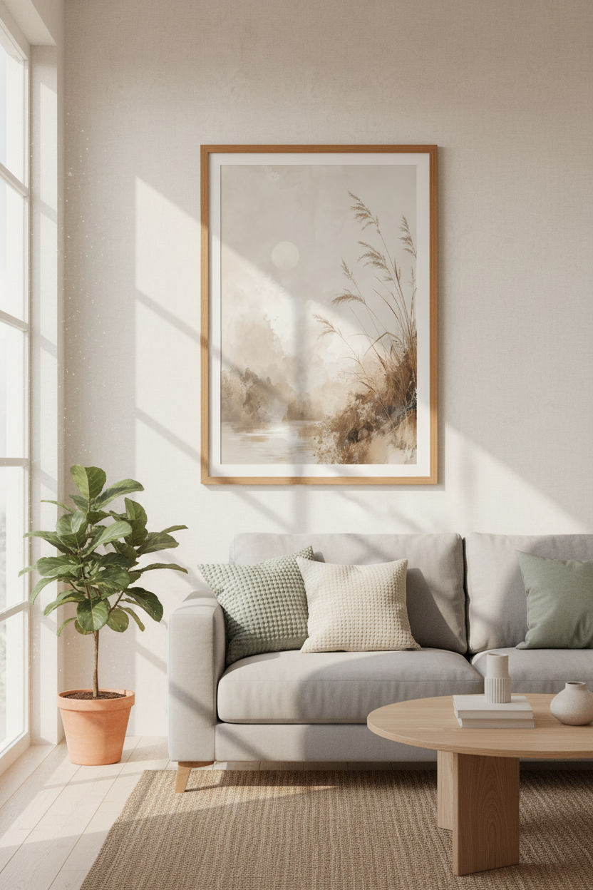 Pampas Grass Landscape | Neutral Beige Watercolor, Minimalist Bedroom Wall Art