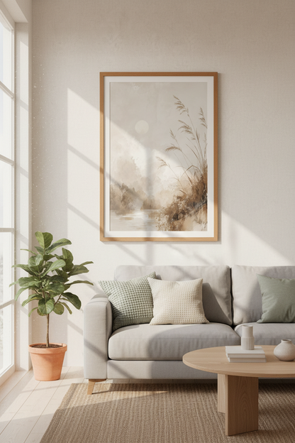 Pampas Grass Landscape | Neutral Beige Watercolor, Minimalist Bedroom Wall Art