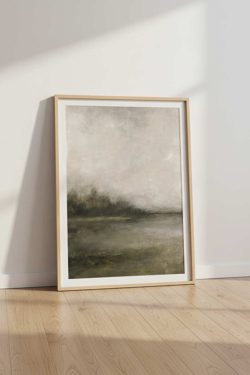 Abstract Moody Landscape | Misty Lake Beige &amp; Grey, Living Room Wall Art