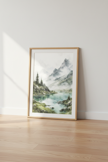 Mountain Landscape Watercolor Wall Art | Misty Lake Poster, Neutral Nature Decor