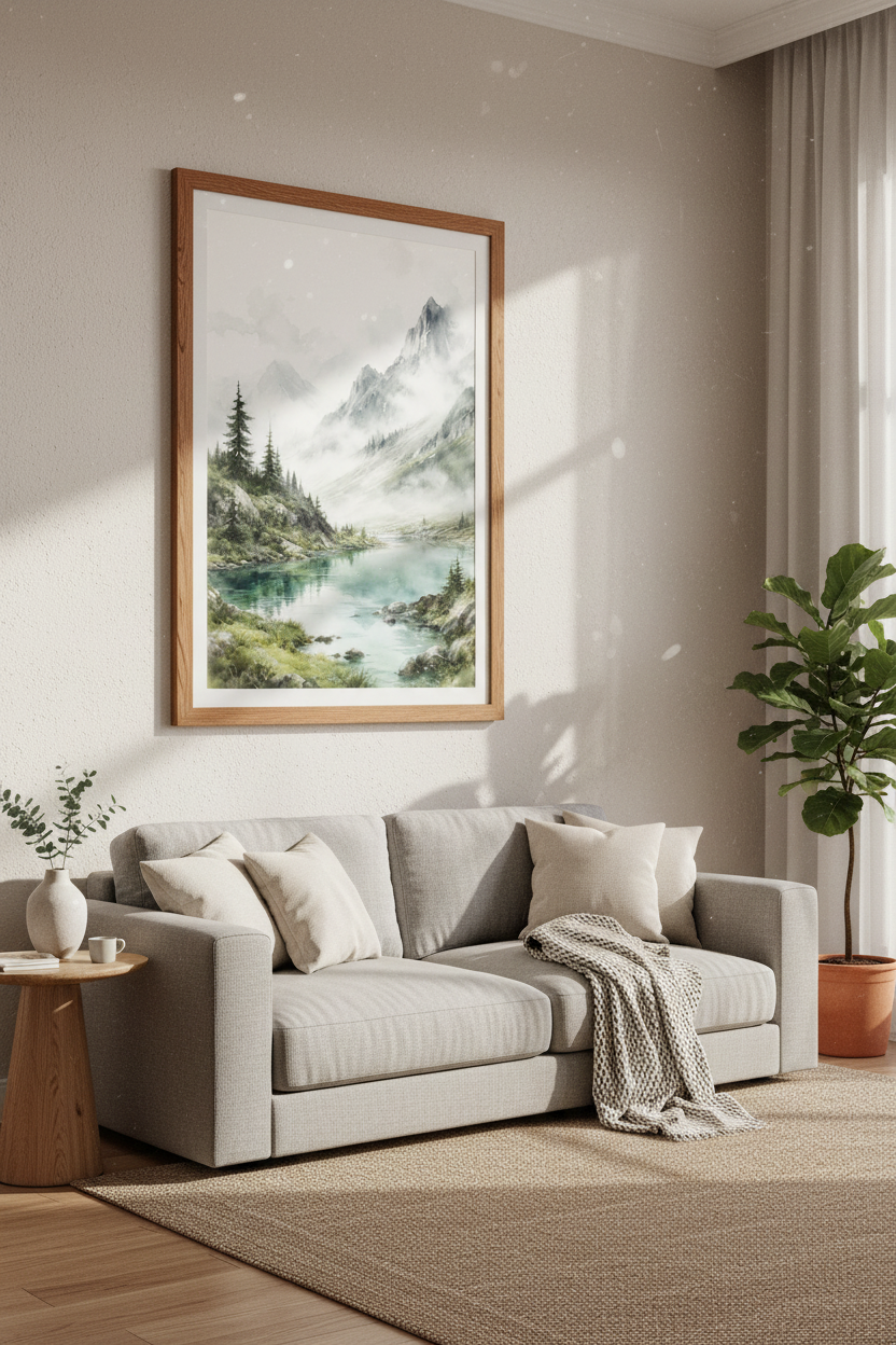 Mountain Landscape Watercolor Wall Art | Misty Lake Poster, Neutral Nature Decor