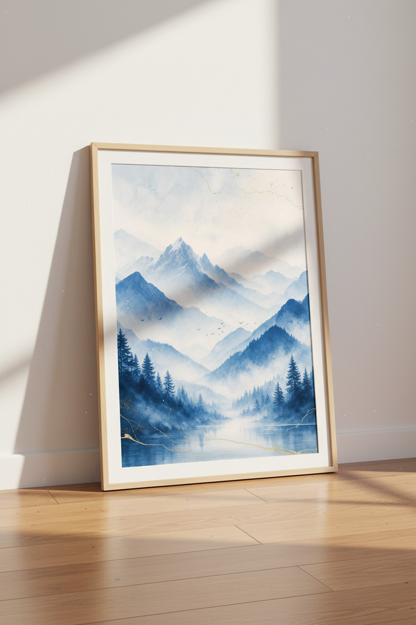 Blue Mountain Watercolor Wall Art | Misty Landscape Print, Nature Home Decor