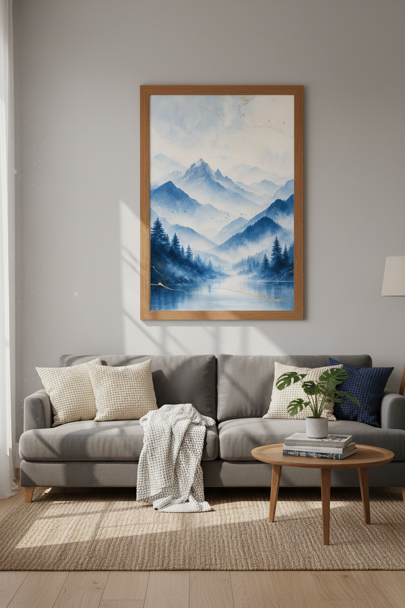Blue Mountain Watercolor Wall Art | Misty Landscape Print, Nature Home Decor