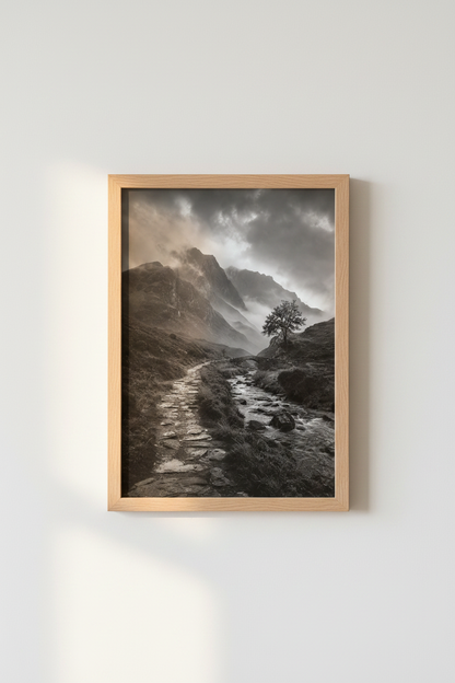 Moody Mountain Wall Art Print | Black and White Nature Decor, Misty Landscape Poster