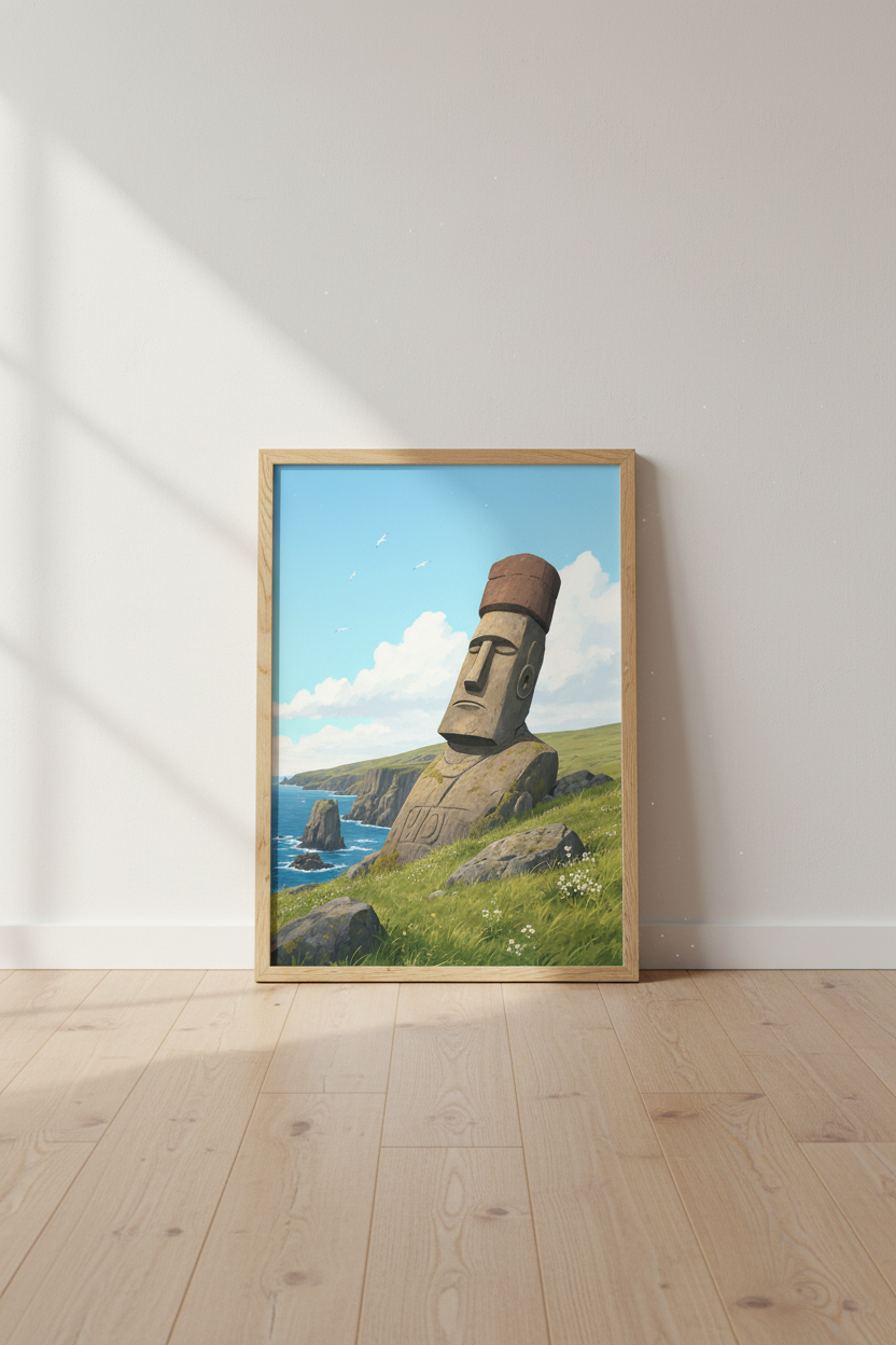 Moai Statue Island Wall Art | Coastal Landscape Poster | Serene Minimalist Decor
