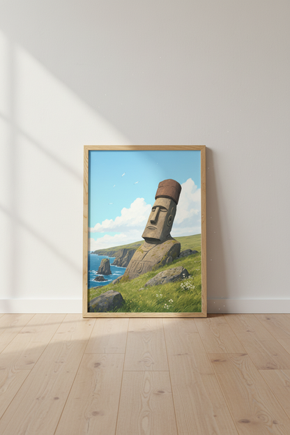 Moai Statue Island Wall Art | Coastal Landscape Poster | Serene Minimalist Decor