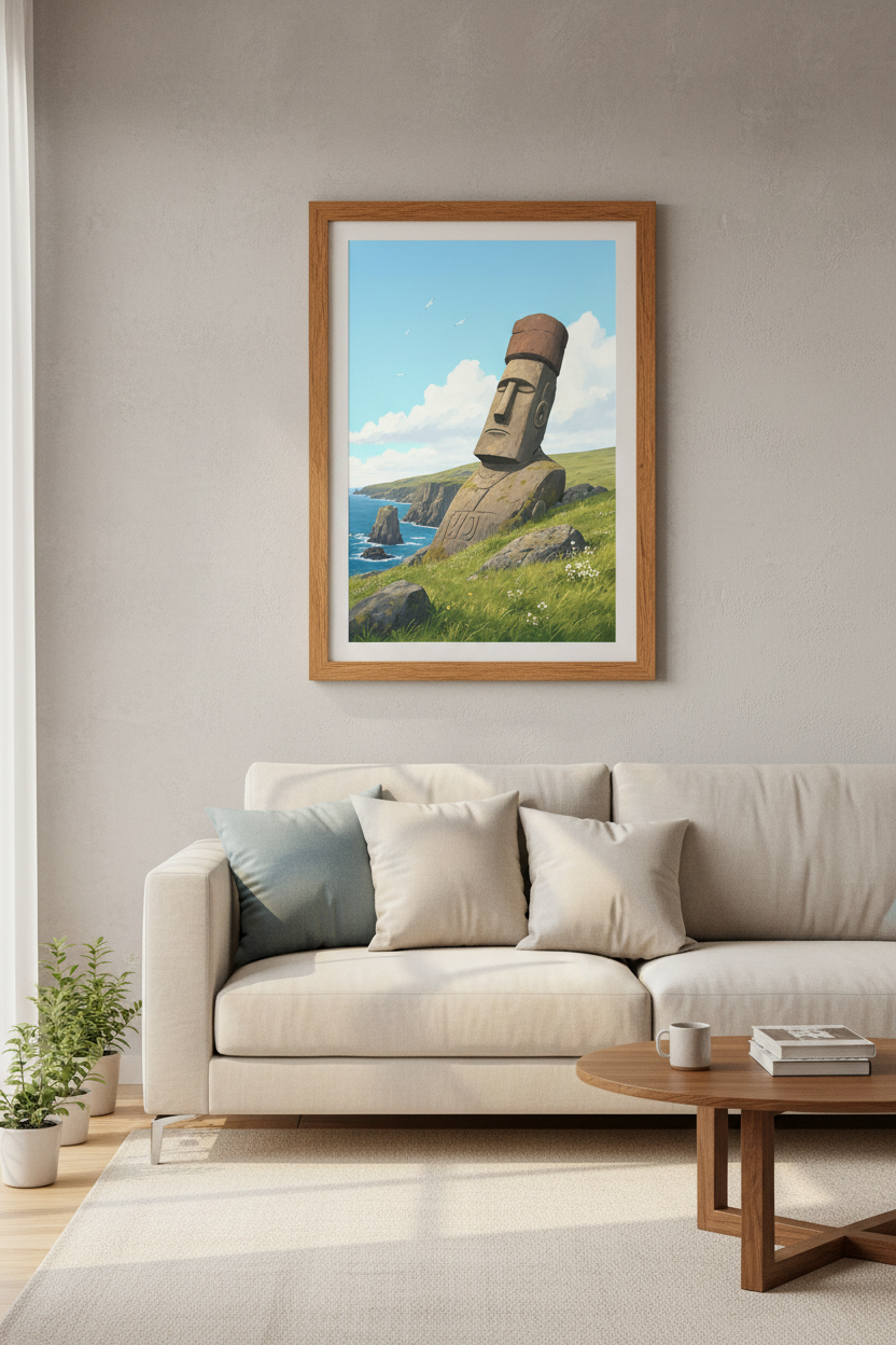 Moai Statue Island Wall Art | Coastal Landscape Poster | Serene Minimalist Decor