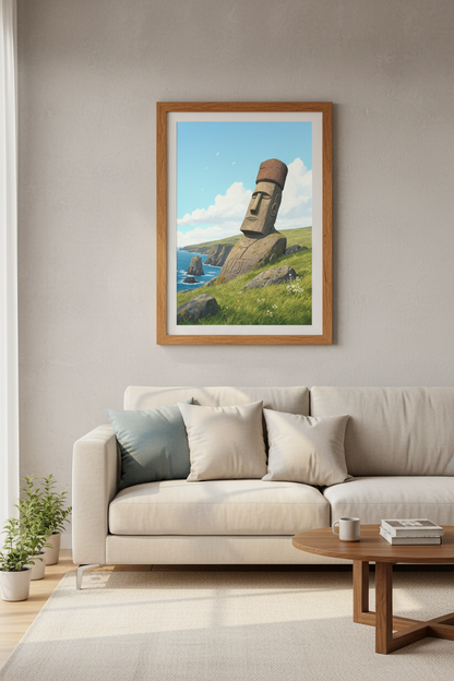 Moai Statue Island Wall Art | Coastal Landscape Poster | Serene Minimalist Decor
