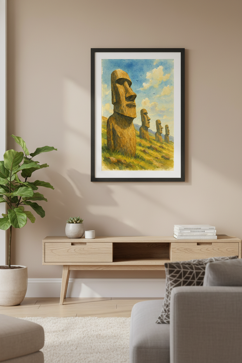 Moai Guardians: Easter Island Watercolor Art Print