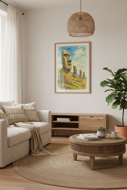Moai Guardians: Easter Island Watercolor Art Print