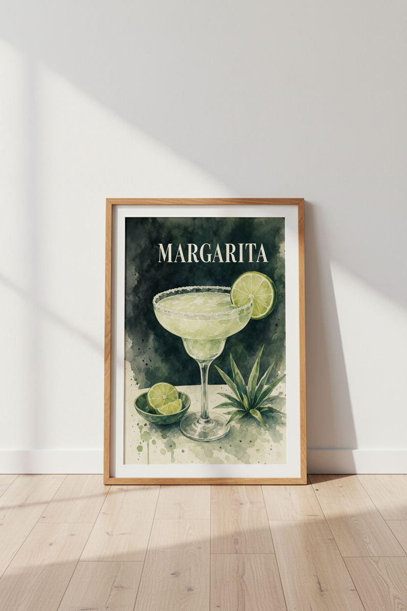 Margarita Cocktail Art | Watercolor Emerald Green Print, Kitchen &amp; Home Bar Decor