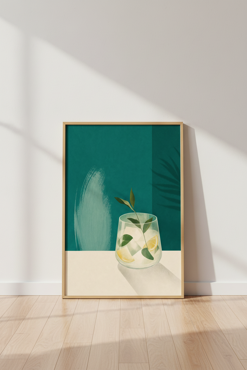 Minimalist Cocktail Wall Art | Teal Botanical Gin Drink Poster, Kitchen Bar Decor