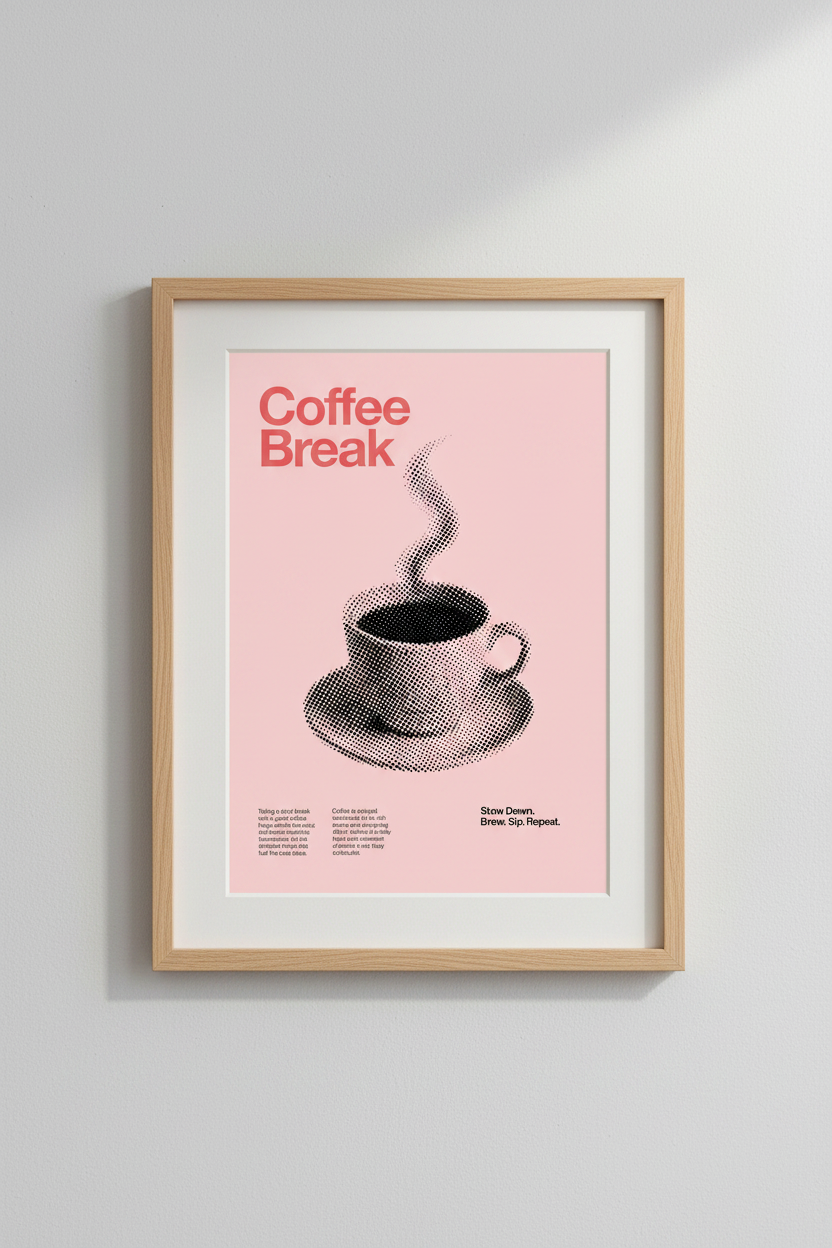 Halftone coffee break Wall Art Print | Living Room Decor | Pastel Pink Poster