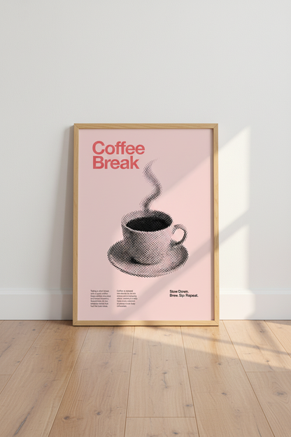 Halftone coffee break Wall Art Print | Living Room Decor | Pastel Pink Poster