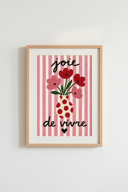Playful floral print | Whimsical vase decor, pink stripes | Living room poster