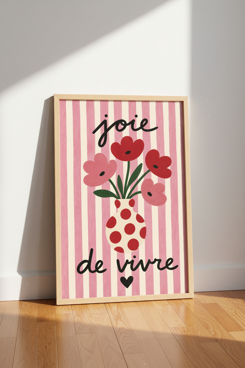Playful floral print | Whimsical vase decor, pink stripes | Living room poster