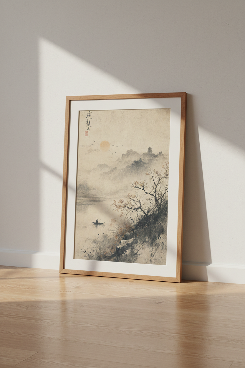Japanese Landscape Wall Art | Zen Mountain &amp; Lake Print | Vintage Oriental Poster