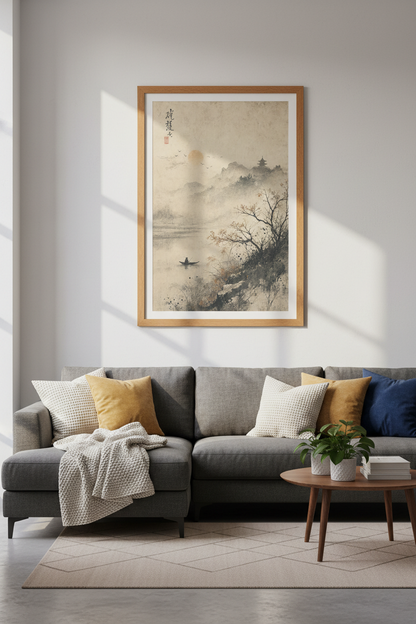 Japanese Landscape Wall Art | Zen Mountain &amp; Lake Print | Vintage Oriental Poster