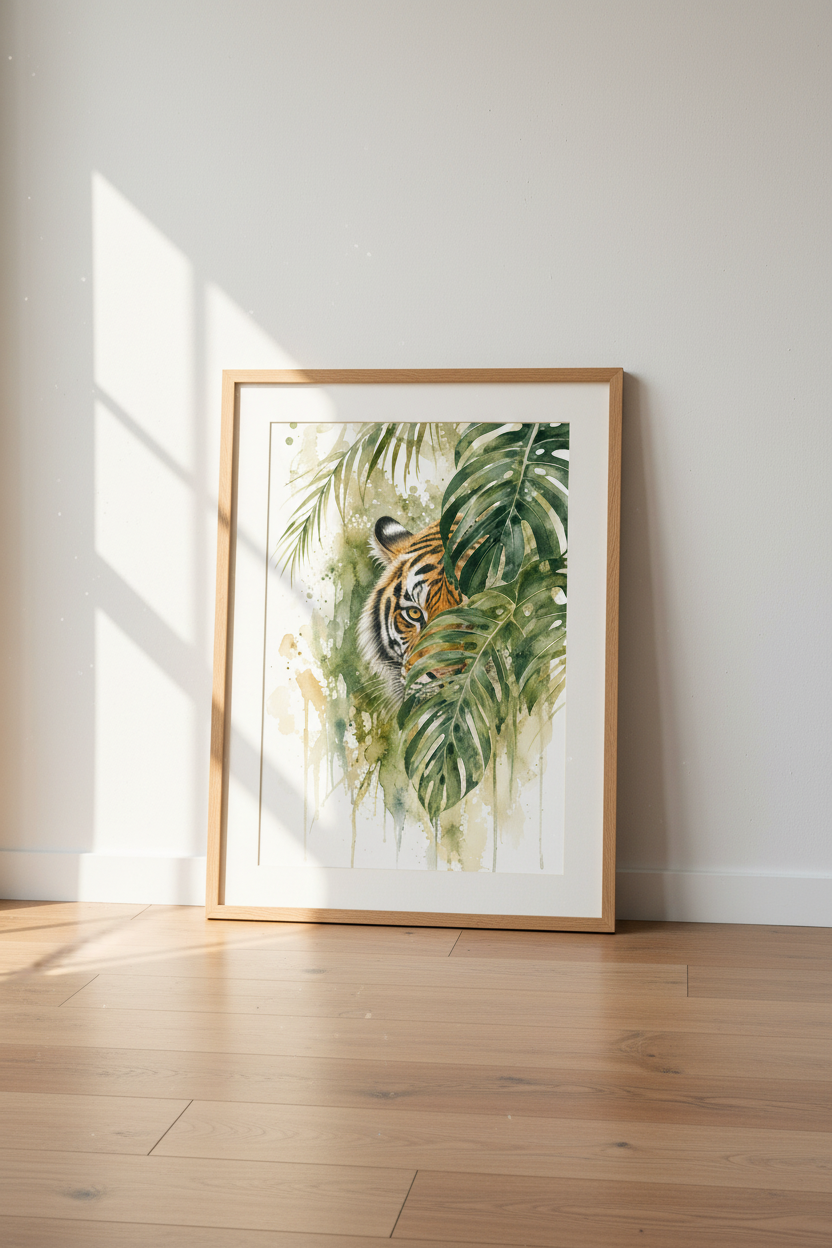 Tiger in Jungle Watercolor Art | Green Tropical Leaves, Modern Safari Wall Decor