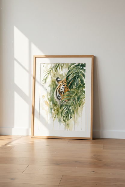 Tiger in Jungle Watercolor Art | Green Tropical Leaves, Modern Safari Wall Decor