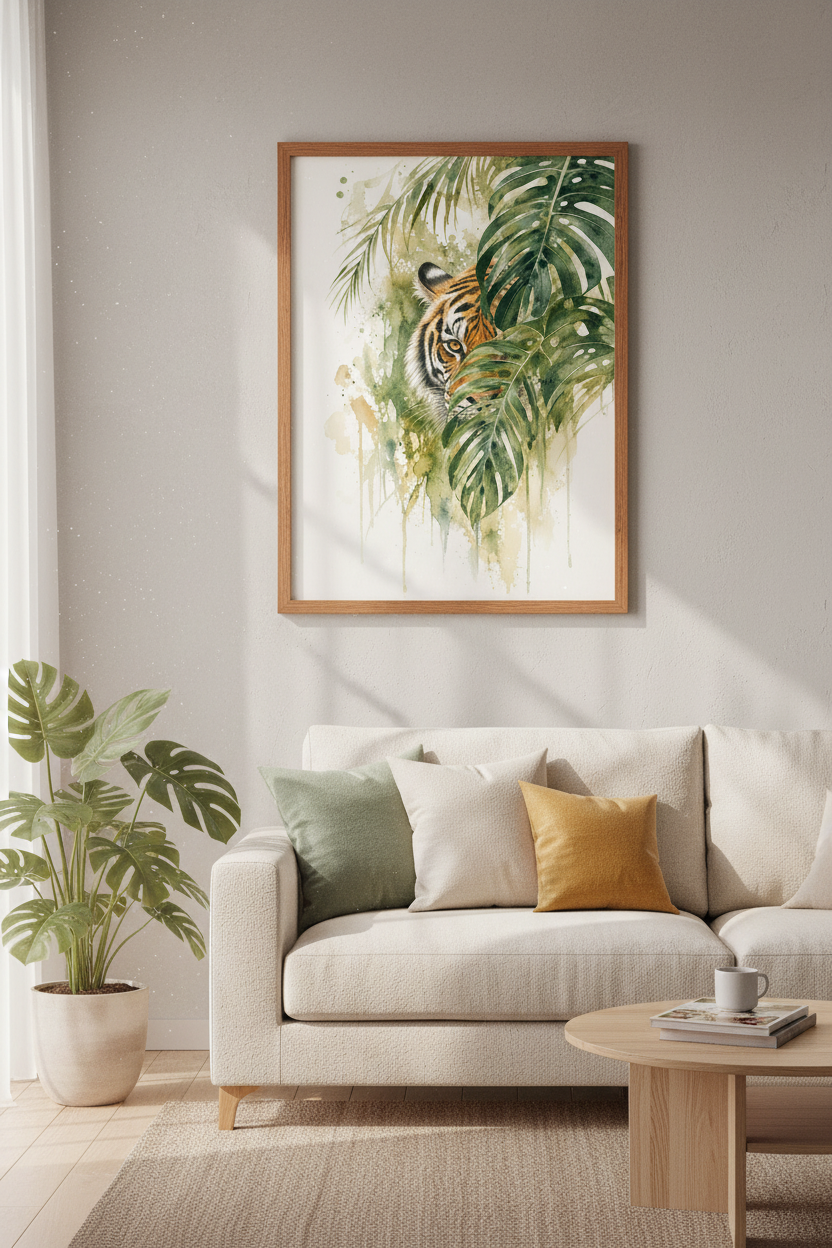 Tiger in Jungle Watercolor Art | Green Tropical Leaves, Modern Safari Wall Decor