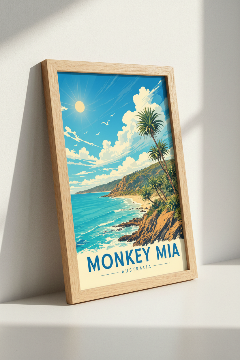 Monkey Mia Australia Travel Poster | Coastal Beach Wall Art | Vintage Aesthetic Print